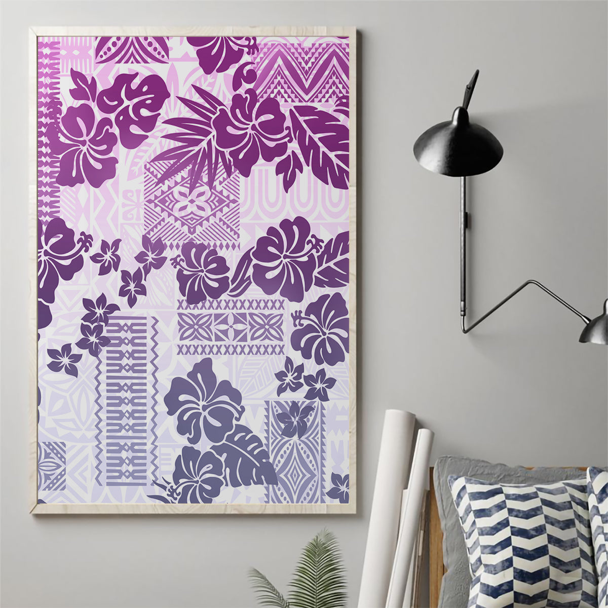Vintage Hawaii Canvas Wall Art Hibiscus Tapa Tribal With Hawaiian Quilt Pattern Violet LT9 - Wonder Print Shop