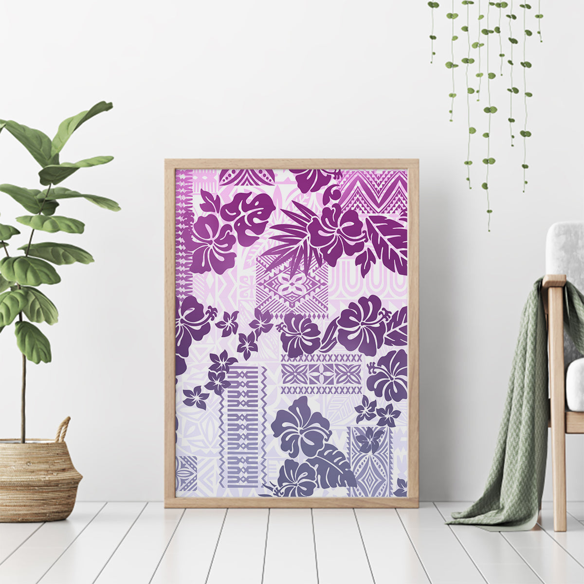 Vintage Hawaii Canvas Wall Art Hibiscus Tapa Tribal With Hawaiian Quilt Pattern Violet LT9 - Wonder Print Shop