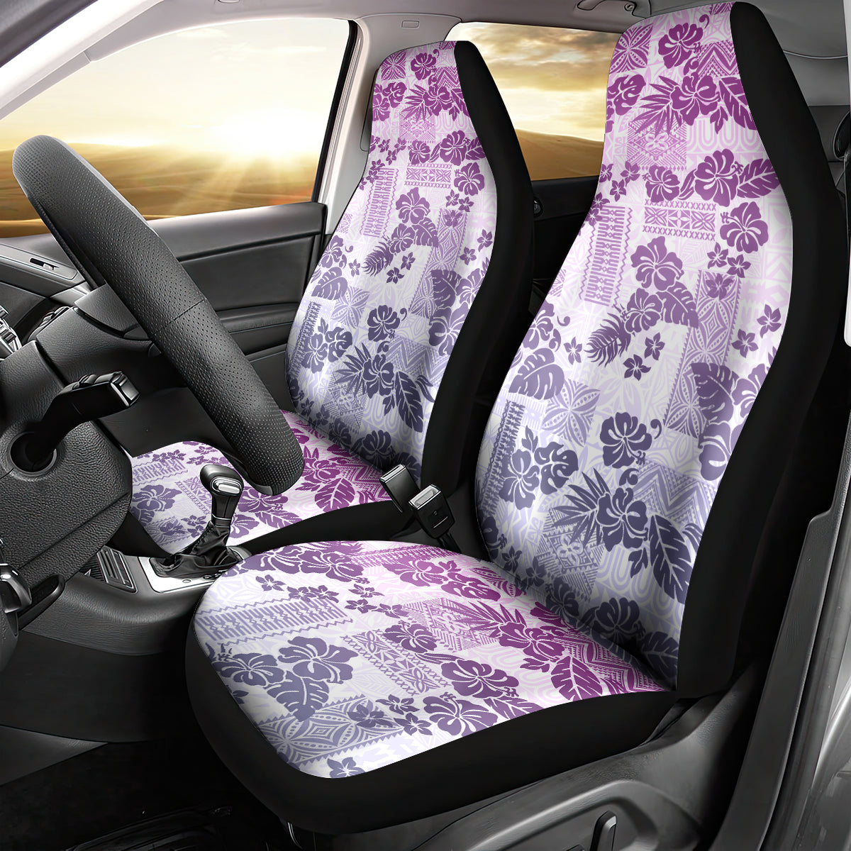 Vintage Hawaii Car Seat Cover Hibiscus Tapa Tribal With Hawaiian Quilt Pattern Violet LT9 - Wonder Print Shop