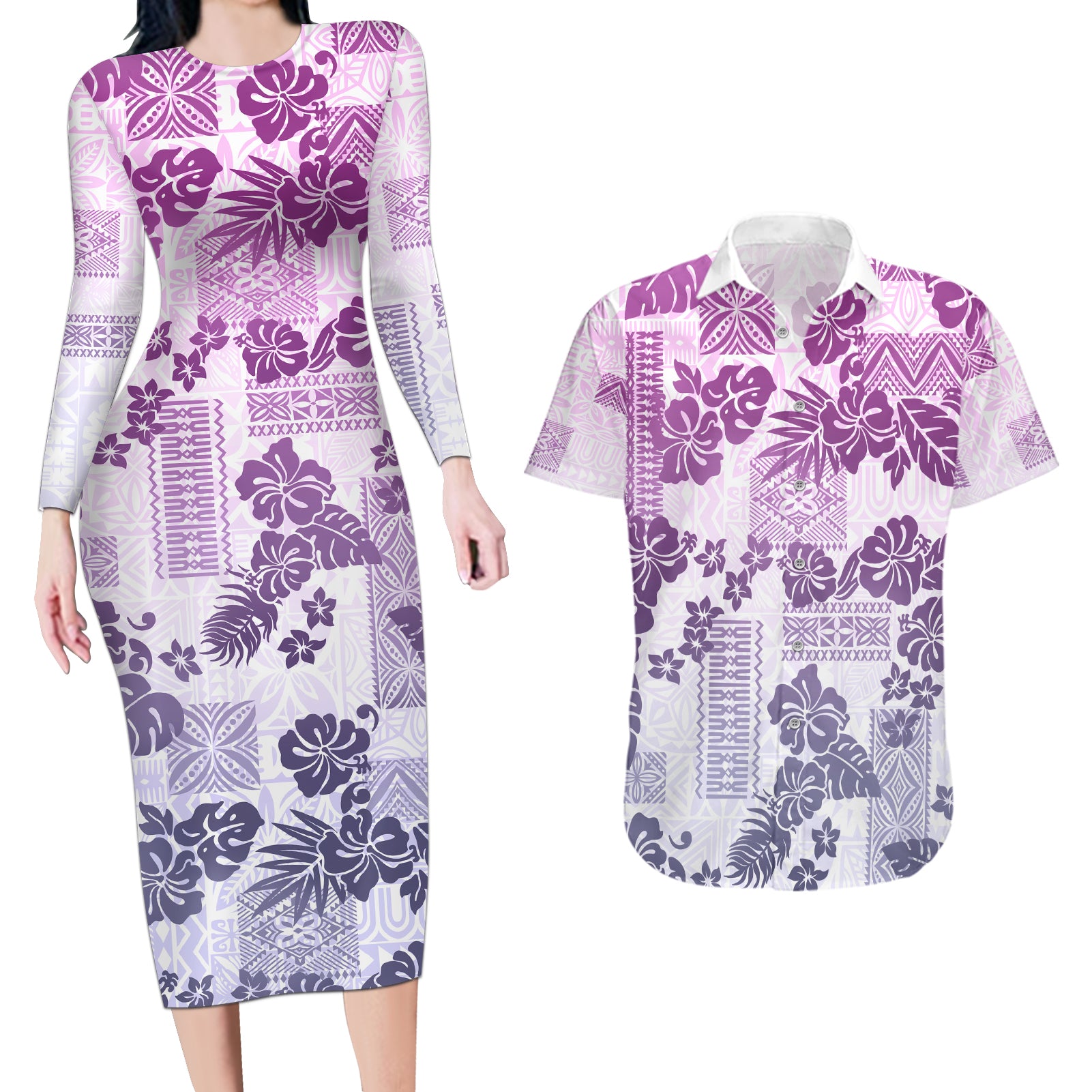 Vintage Hawaii Couples Matching Long Sleeve Bodycon Dress and Hawaiian Shirt Hibiscus Tapa Tribal With Hawaiian Quilt Pattern Violet LT9 - Wonder Print Shop