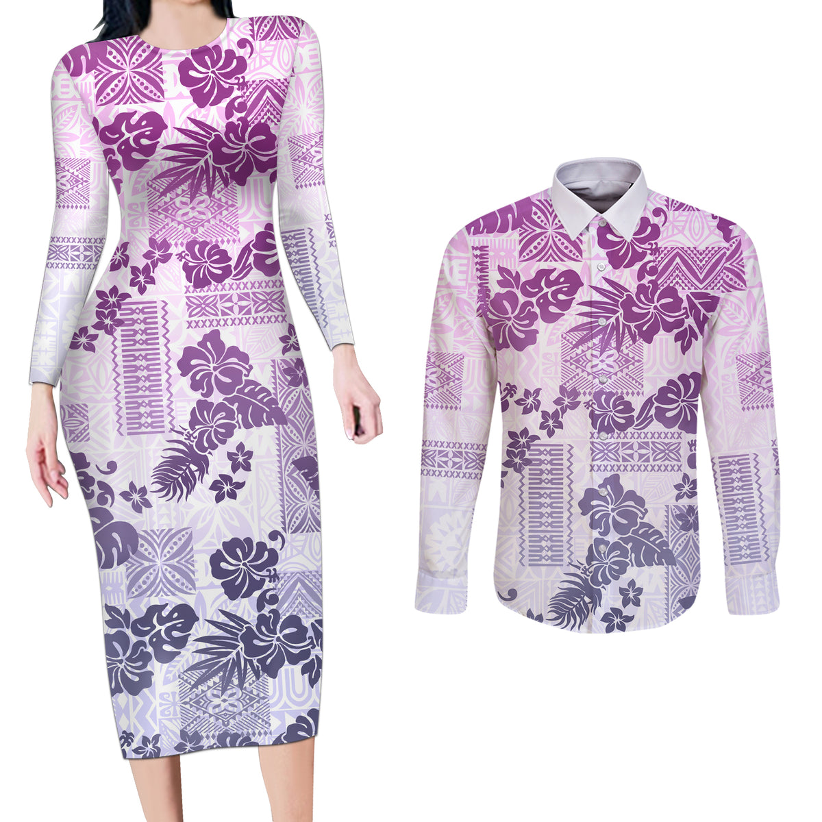 Vintage Hawaii Couples Matching Long Sleeve Bodycon Dress and Long Sleeve Button Shirt Hibiscus Tapa Tribal With Hawaiian Quilt Pattern Violet LT9 - Wonder Print Shop