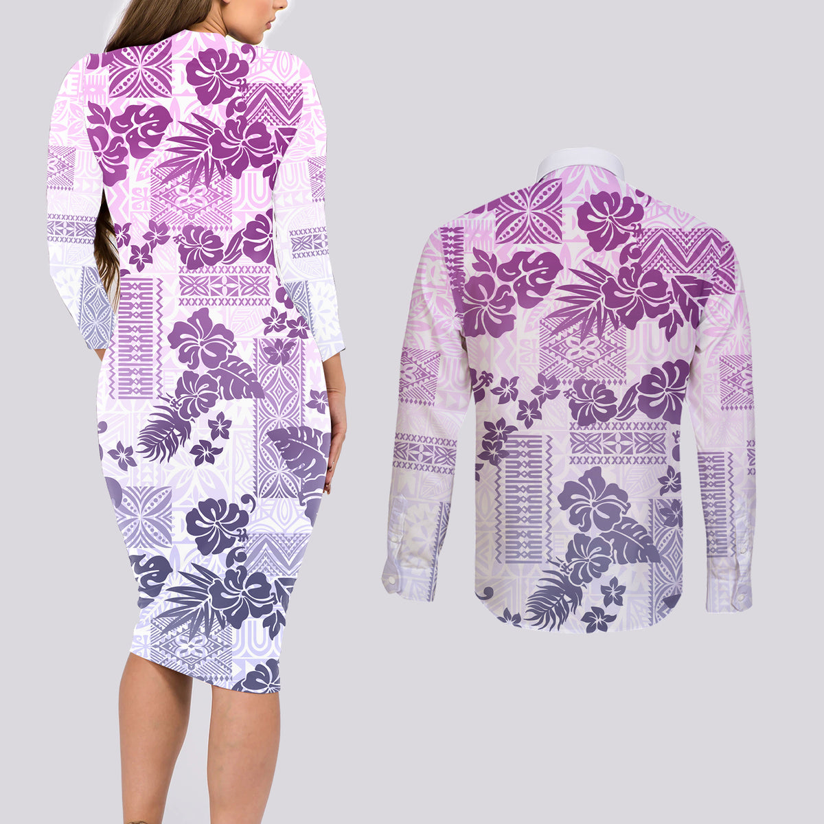 Vintage Hawaii Couples Matching Long Sleeve Bodycon Dress and Long Sleeve Button Shirt Hibiscus Tapa Tribal With Hawaiian Quilt Pattern Violet LT9 - Wonder Print Shop