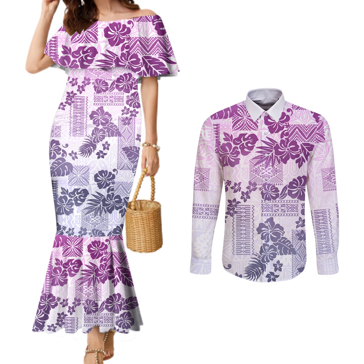 vintage-hawaii-couples-matching-mermaid-dress-and-long-sleeve-button-shirt-hibiscus-tapa-tribal-with-hawaiian-quilt-pattern-violet