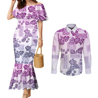 vintage-hawaii-couples-matching-mermaid-dress-and-long-sleeve-button-shirt-hibiscus-tapa-tribal-with-hawaiian-quilt-pattern-violet
