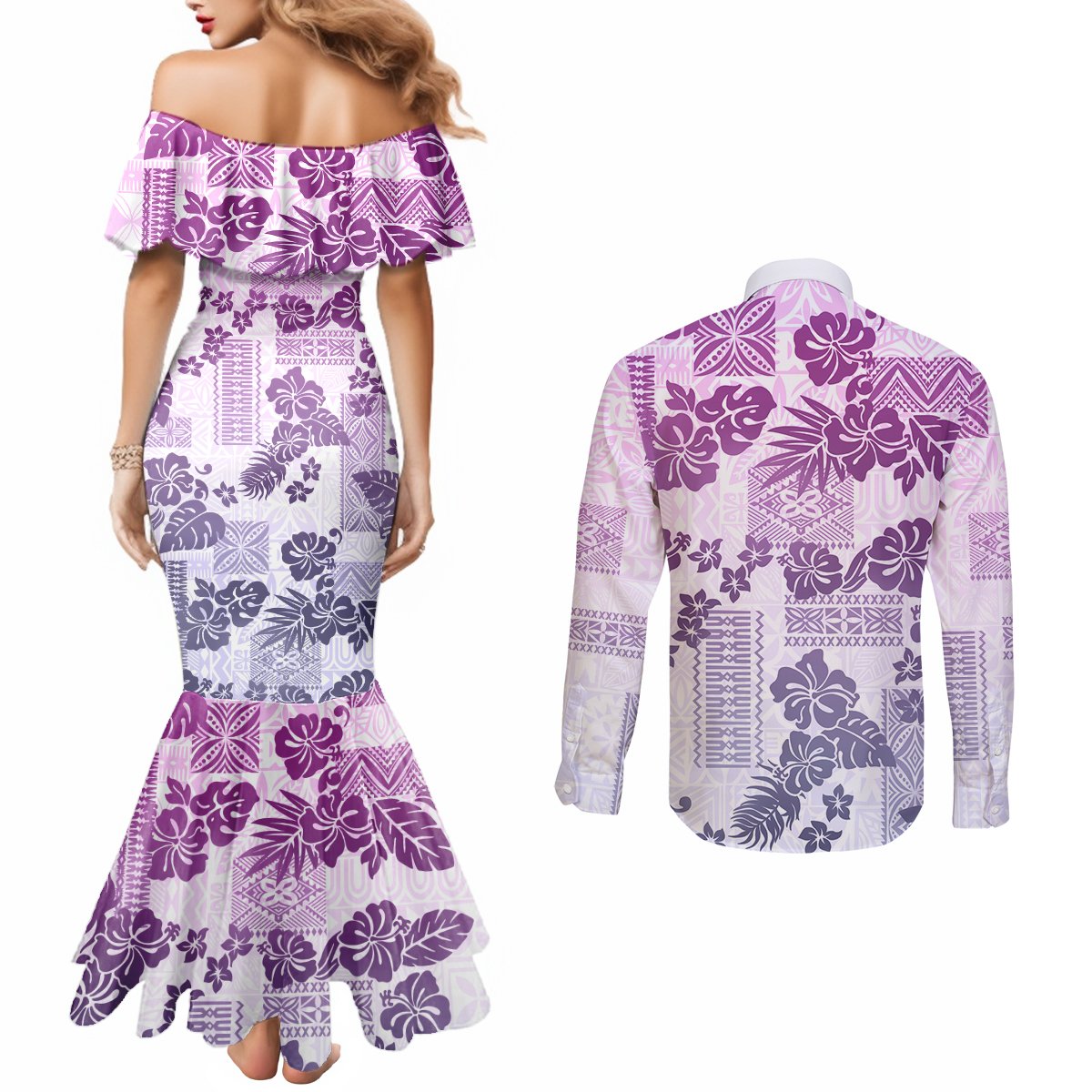 vintage-hawaii-couples-matching-mermaid-dress-and-long-sleeve-button-shirt-hibiscus-tapa-tribal-with-hawaiian-quilt-pattern-violet