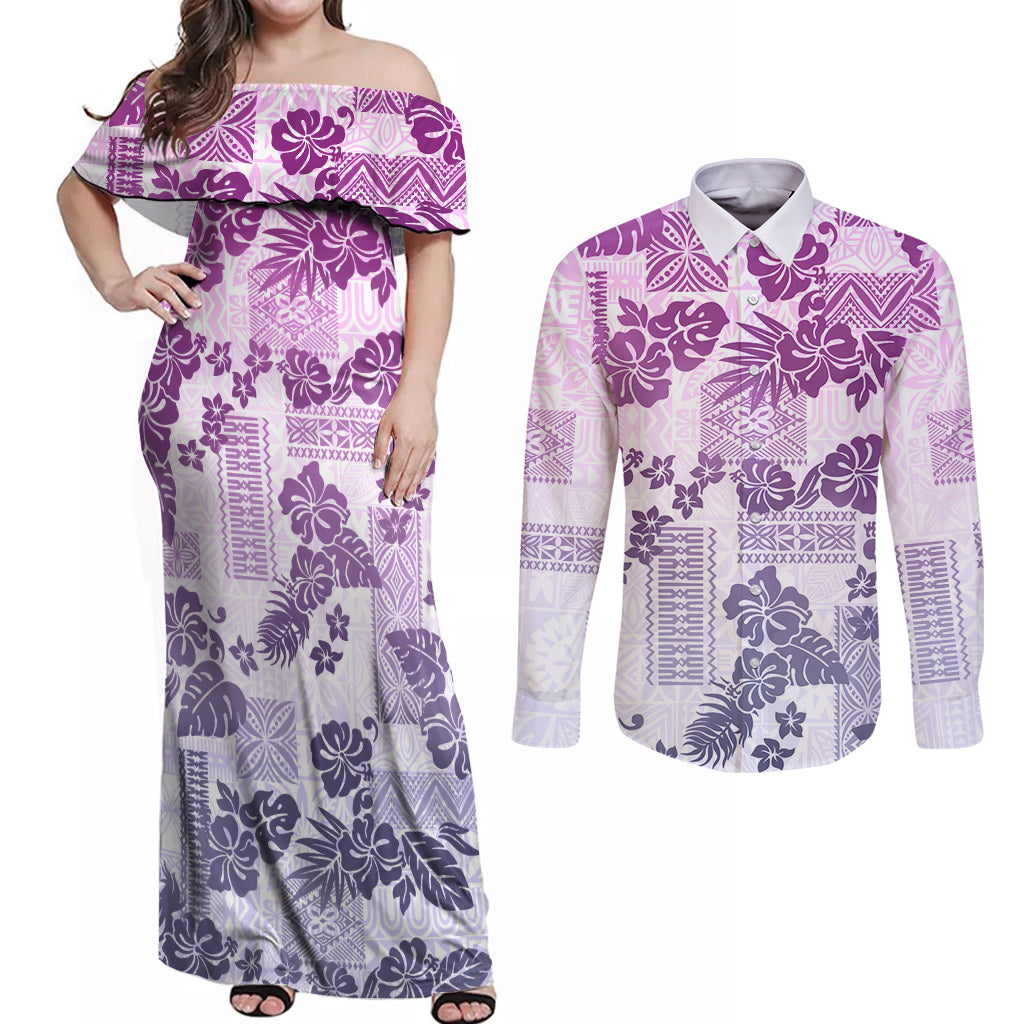 Vintage Hawaii Couples Matching Off Shoulder Maxi Dress and Long Sleeve Button Shirt Hibiscus Tapa Tribal With Hawaiian Quilt Pattern Violet LT9 - Wonder Print Shop