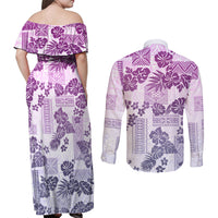Vintage Hawaii Couples Matching Off Shoulder Maxi Dress and Long Sleeve Button Shirt Hibiscus Tapa Tribal With Hawaiian Quilt Pattern Violet LT9 - Wonder Print Shop