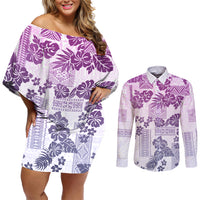 Vintage Hawaii Couples Matching Off Shoulder Short Dress and Long Sleeve Button Shirt Hibiscus Tapa Tribal With Hawaiian Quilt Pattern Violet LT9 - Wonder Print Shop