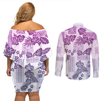 Vintage Hawaii Couples Matching Off Shoulder Short Dress and Long Sleeve Button Shirt Hibiscus Tapa Tribal With Hawaiian Quilt Pattern Violet LT9 - Wonder Print Shop
