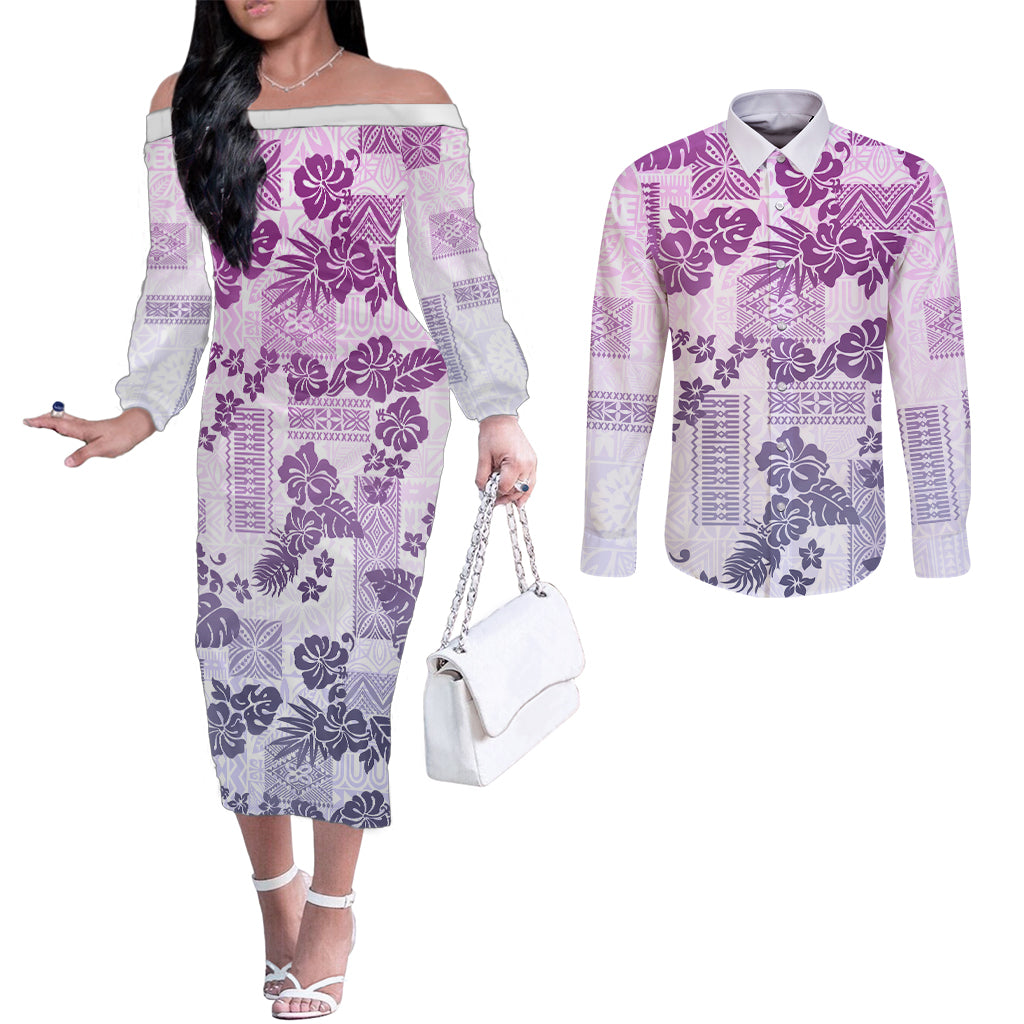 vintage-hawaii-couples-matching-off-the-shoulder-long-sleeve-dress-and-long-sleeve-button-shirt-hibiscus-tapa-tribal-with-hawaiian-quilt-pattern-violet