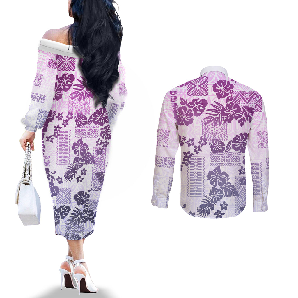 vintage-hawaii-couples-matching-off-the-shoulder-long-sleeve-dress-and-long-sleeve-button-shirt-hibiscus-tapa-tribal-with-hawaiian-quilt-pattern-violet