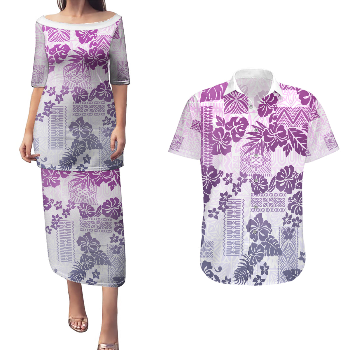 Vintage Hawaii Couples Matching Puletasi Dress and Hawaiian Shirt Hibiscus Tapa Tribal With Hawaiian Quilt Pattern Violet LT9 - Wonder Print Shop