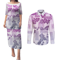 Vintage Hawaii Couples Matching Puletasi Dress and Long Sleeve Button Shirt Hibiscus Tapa Tribal With Hawaiian Quilt Pattern Violet LT9 - Wonder Print Shop