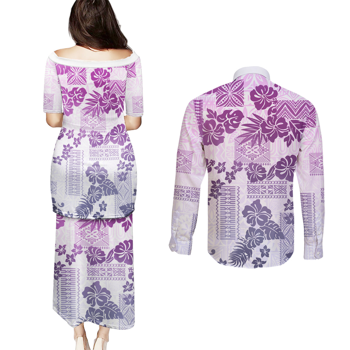 Vintage Hawaii Couples Matching Puletasi Dress and Long Sleeve Button Shirt Hibiscus Tapa Tribal With Hawaiian Quilt Pattern Violet LT9 - Wonder Print Shop