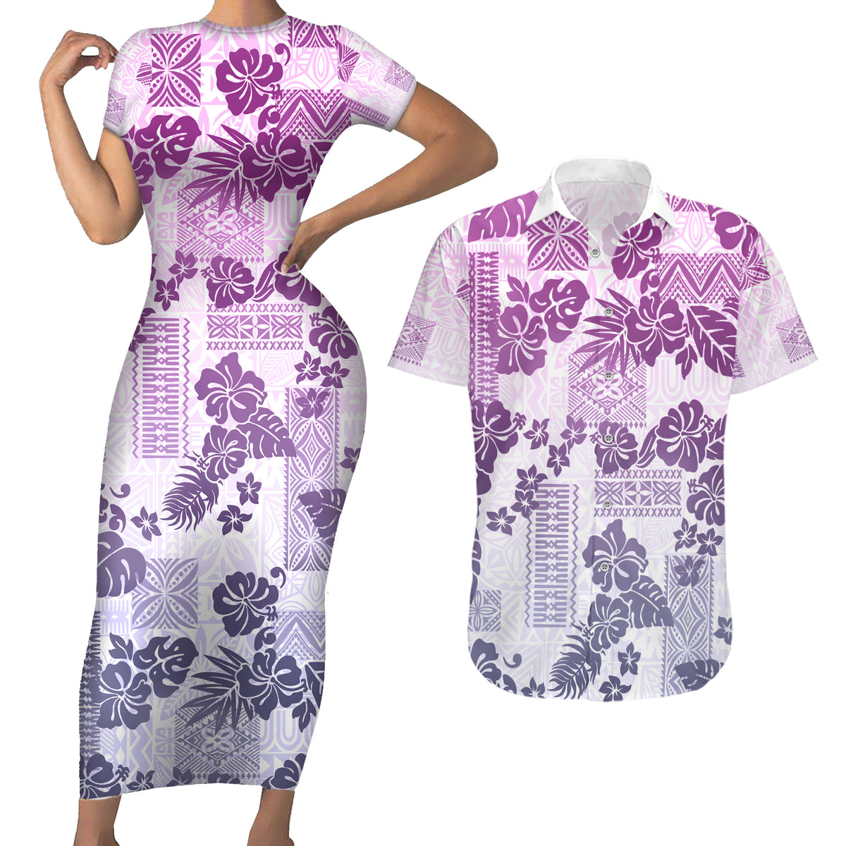 Vintage Hawaii Couples Matching Short Sleeve Bodycon Dress and Hawaiian Shirt Hibiscus Tapa Tribal With Hawaiian Quilt Pattern Violet LT9 - Wonder Print Shop