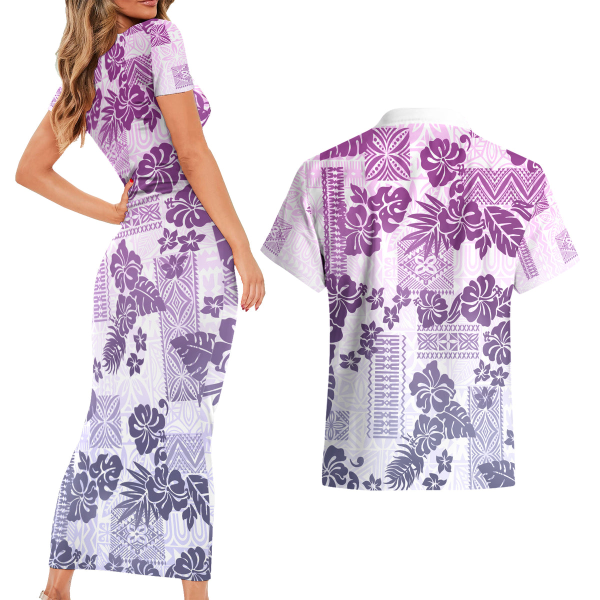 Vintage Hawaii Couples Matching Short Sleeve Bodycon Dress and Hawaiian Shirt Hibiscus Tapa Tribal With Hawaiian Quilt Pattern Violet LT9 - Wonder Print Shop