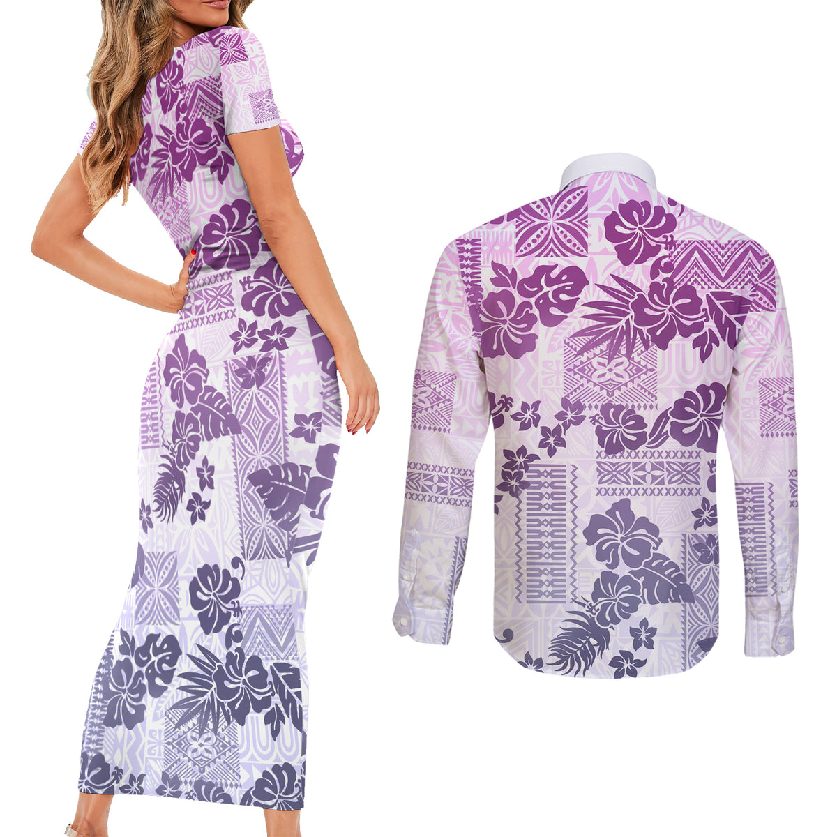Vintage Hawaii Couples Matching Short Sleeve Bodycon Dress and Long Sleeve Button Shirt Hibiscus Tapa Tribal With Hawaiian Quilt Pattern Violet LT9 - Wonder Print Shop