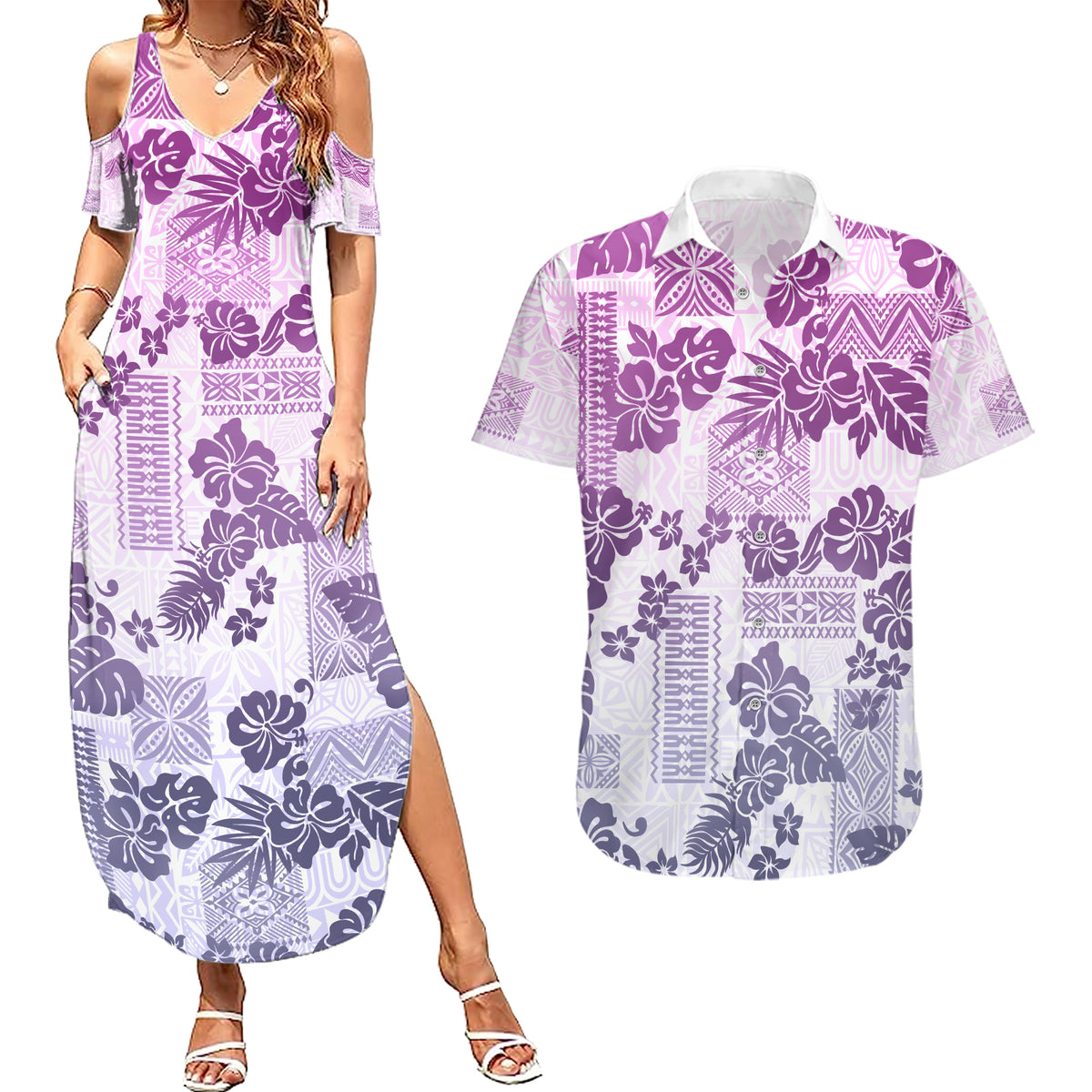 Vintage Hawaii Couples Matching Summer Maxi Dress and Hawaiian Shirt Hibiscus Tapa Tribal With Hawaiian Quilt Pattern Violet LT9 - Wonder Print Shop