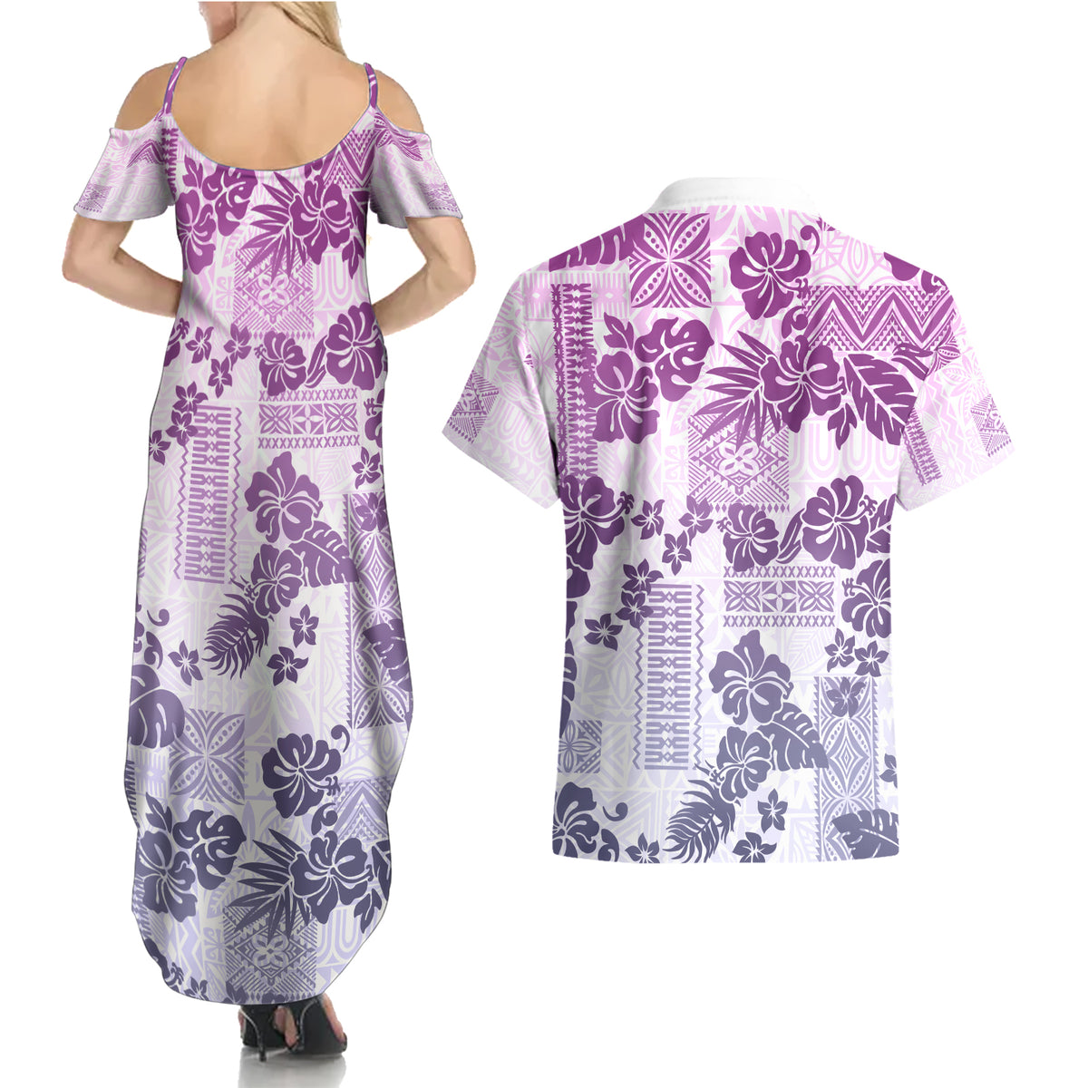 Vintage Hawaii Couples Matching Summer Maxi Dress and Hawaiian Shirt Hibiscus Tapa Tribal With Hawaiian Quilt Pattern Violet LT9 - Wonder Print Shop
