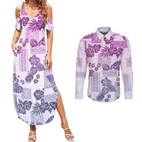 Vintage Hawaii Couples Matching Summer Maxi Dress and Long Sleeve Button Shirt Hibiscus Tapa Tribal With Hawaiian Quilt Pattern Violet LT9 - Wonder Print Shop
