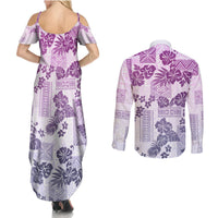 Vintage Hawaii Couples Matching Summer Maxi Dress and Long Sleeve Button Shirt Hibiscus Tapa Tribal With Hawaiian Quilt Pattern Violet LT9 - Wonder Print Shop
