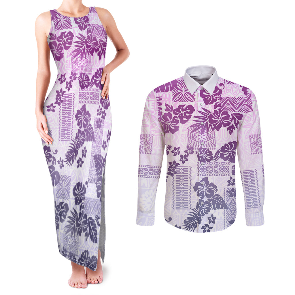 Vintage Hawaii Couples Matching Tank Maxi Dress and Long Sleeve Button Shirt Hibiscus Tapa Tribal With Hawaiian Quilt Pattern Violet LT9 - Wonder Print Shop