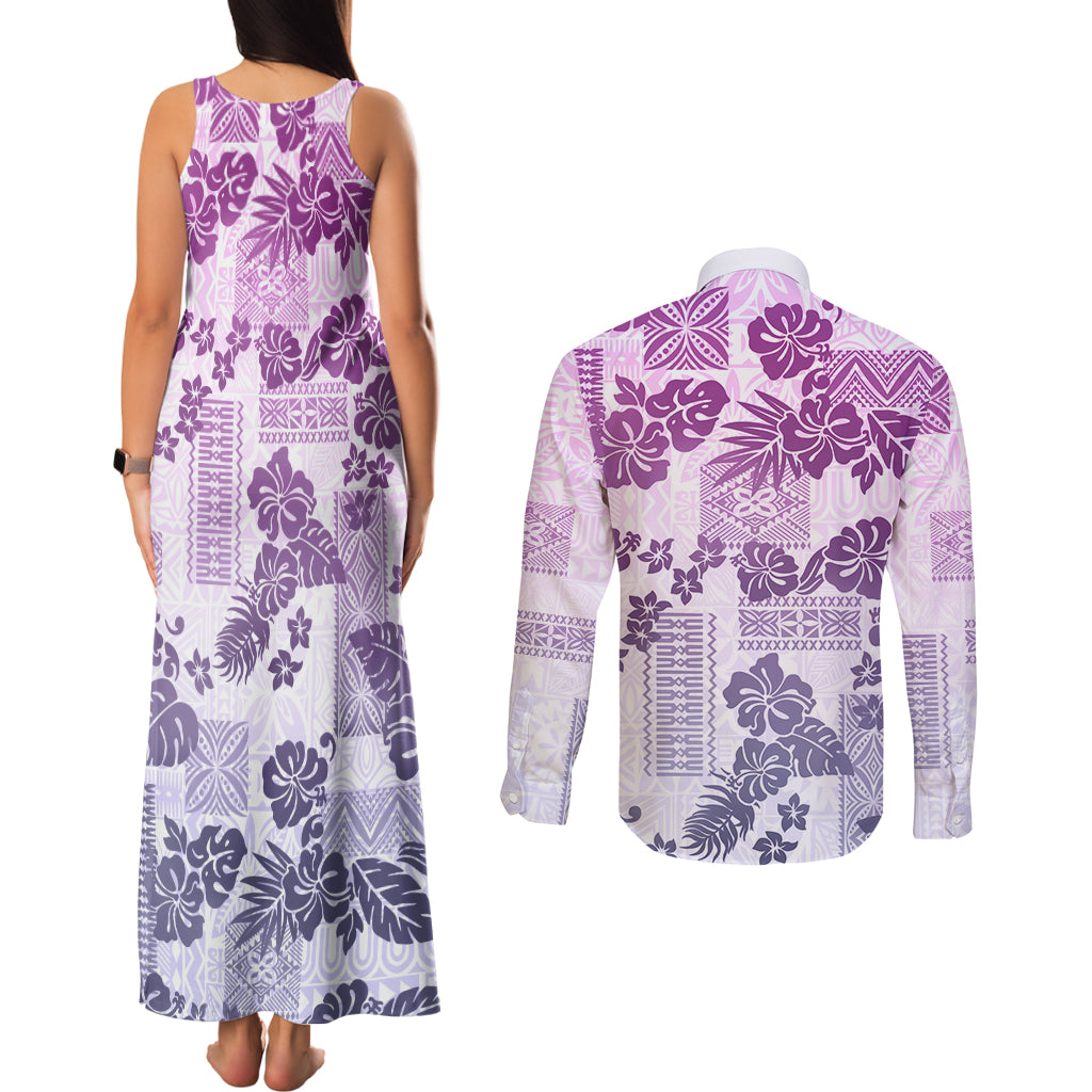 Vintage Hawaii Couples Matching Tank Maxi Dress and Long Sleeve Button Shirt Hibiscus Tapa Tribal With Hawaiian Quilt Pattern Violet LT9 - Wonder Print Shop