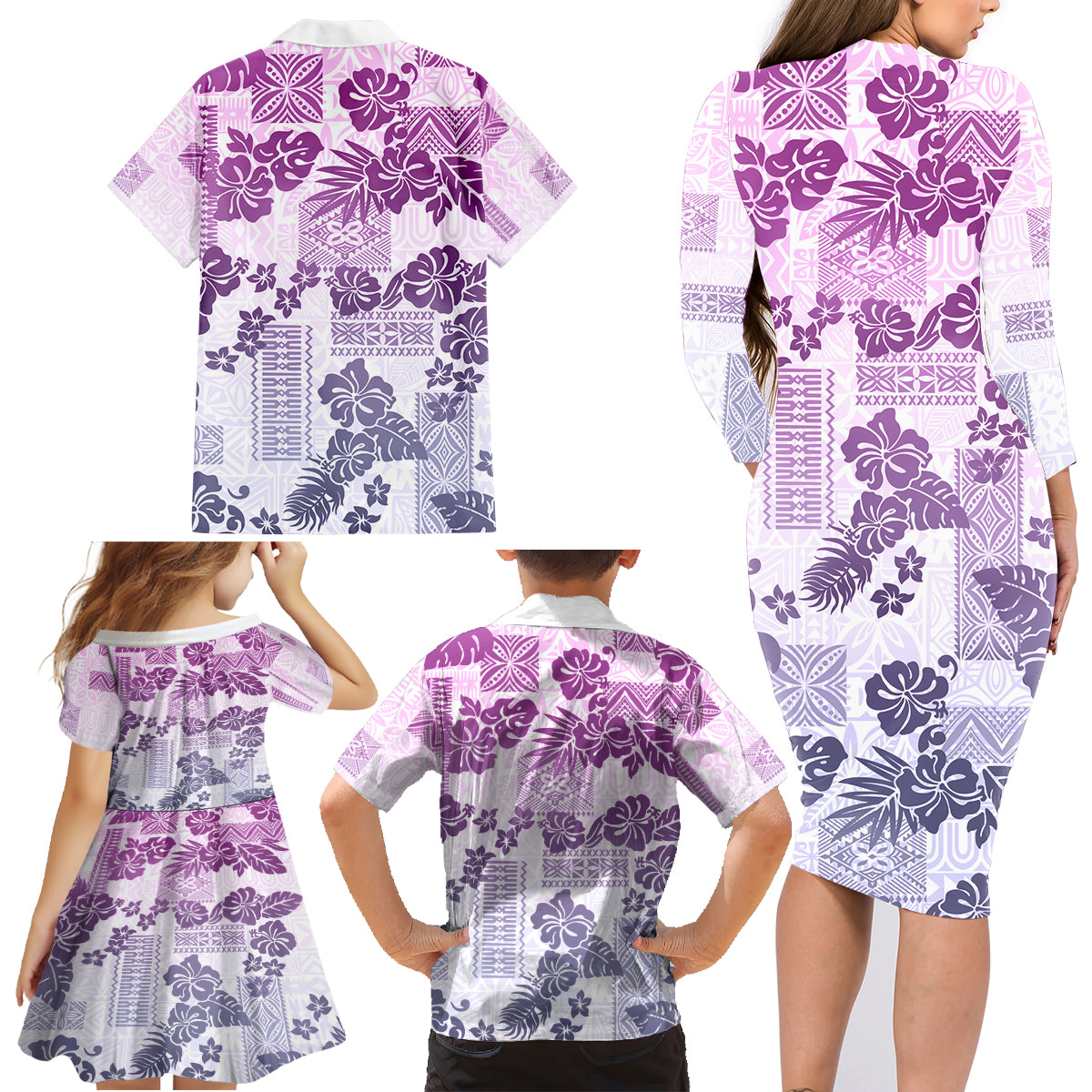 Vintage Hawaii Family Matching Long Sleeve Bodycon Dress and Hawaiian Shirt Hibiscus Tapa Tribal With Hawaiian Quilt Pattern Violet LT9 - Wonder Print Shop