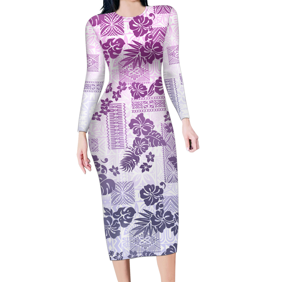 Vintage Hawaii Family Matching Long Sleeve Bodycon Dress and Hawaiian Shirt Hibiscus Tapa Tribal With Hawaiian Quilt Pattern Violet LT9 - Wonder Print Shop