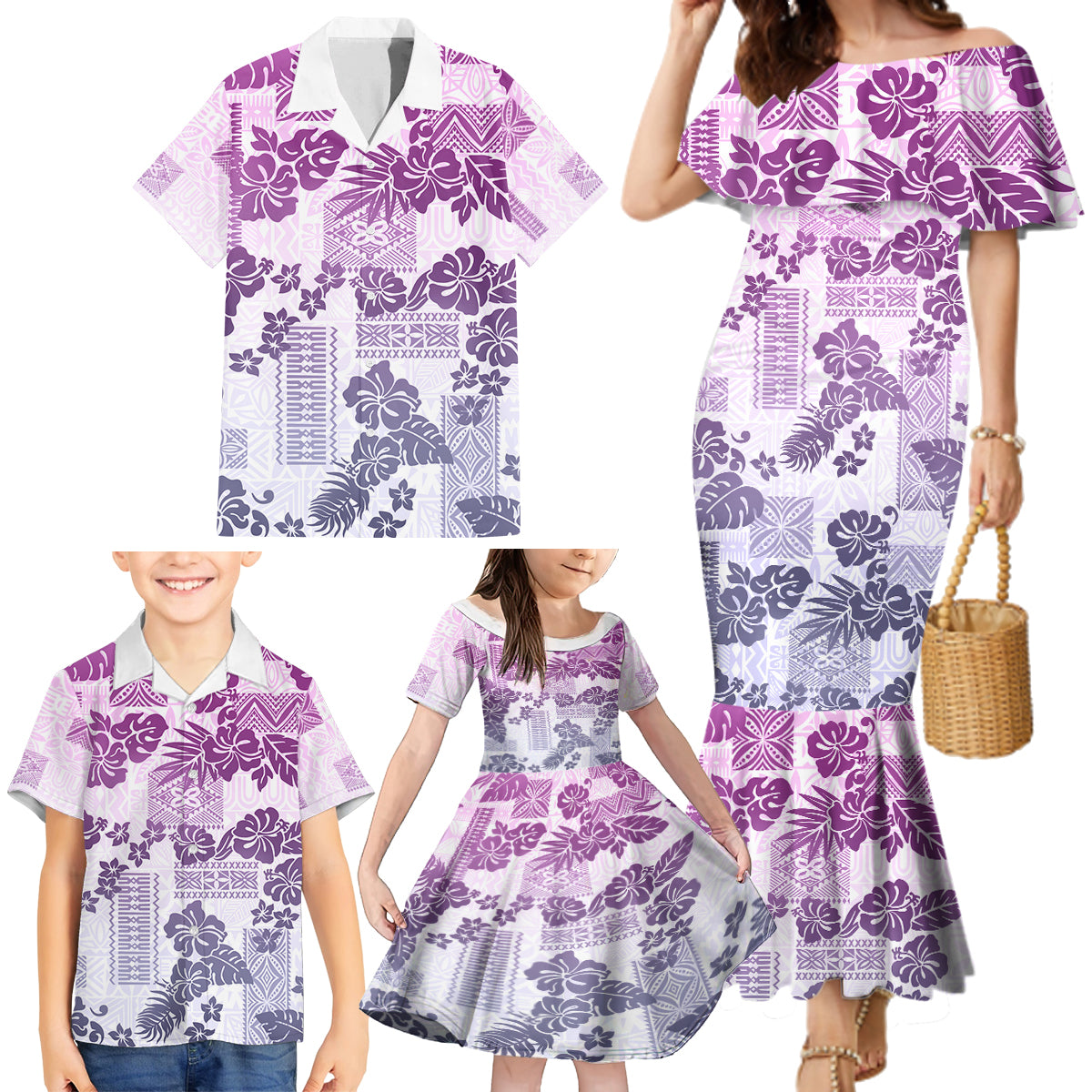 Vintage Hawaii Family Matching Mermaid Dress and Hawaiian Shirt Hibiscus Tapa Tribal With Hawaiian Quilt Pattern Violet LT9 - Wonder Print Shop