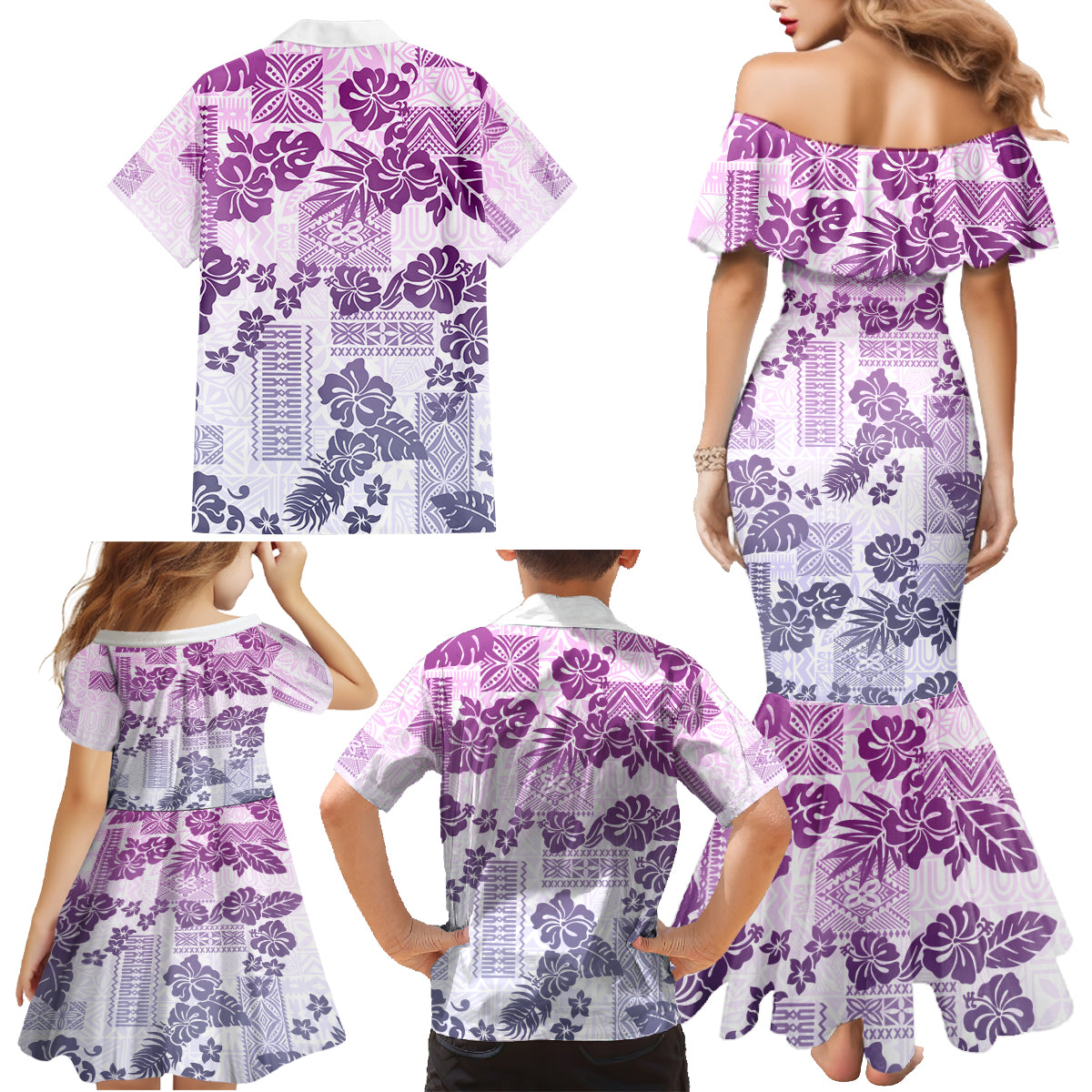 Vintage Hawaii Family Matching Mermaid Dress and Hawaiian Shirt Hibiscus Tapa Tribal With Hawaiian Quilt Pattern Violet LT9 - Wonder Print Shop