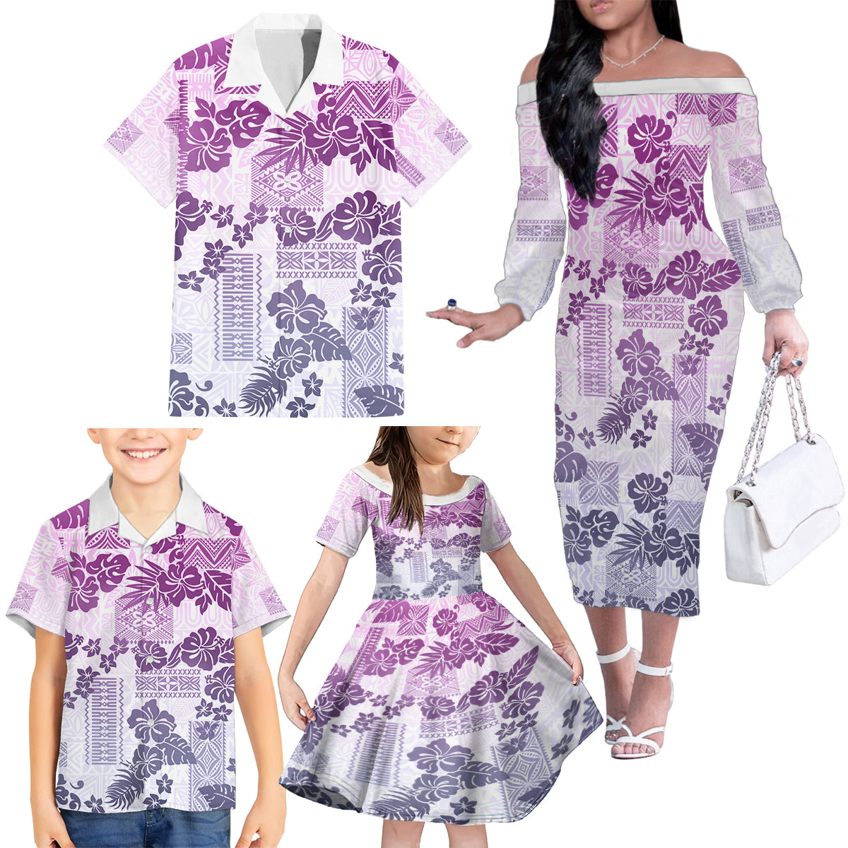 Vintage Hawaii Family Matching Off Shoulder Long Sleeve Dress and Hawaiian Shirt Hibiscus Tapa Tribal With Hawaiian Quilt Pattern Violet - Wonder Print Shop