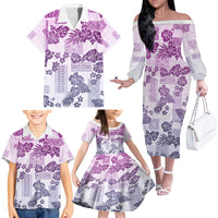 Vintage Hawaii Family Matching Off Shoulder Long Sleeve Dress and Hawaiian Shirt Hibiscus Tapa Tribal With Hawaiian Quilt Pattern Violet - Wonder Print Shop