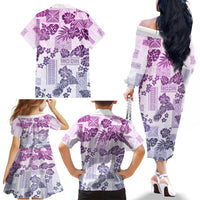 Vintage Hawaii Family Matching Off Shoulder Long Sleeve Dress and Hawaiian Shirt Hibiscus Tapa Tribal With Hawaiian Quilt Pattern Violet - Wonder Print Shop