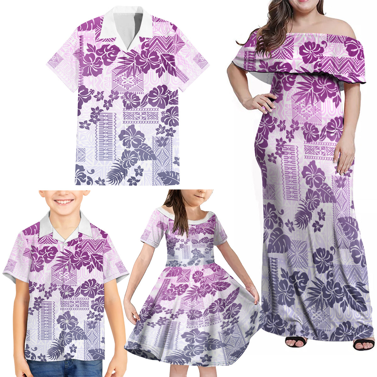 Vintage Hawaii Family Matching Off Shoulder Maxi Dress and Hawaiian Shirt Hibiscus Tapa Tribal With Hawaiian Quilt Pattern Violet LT9 - Wonder Print Shop