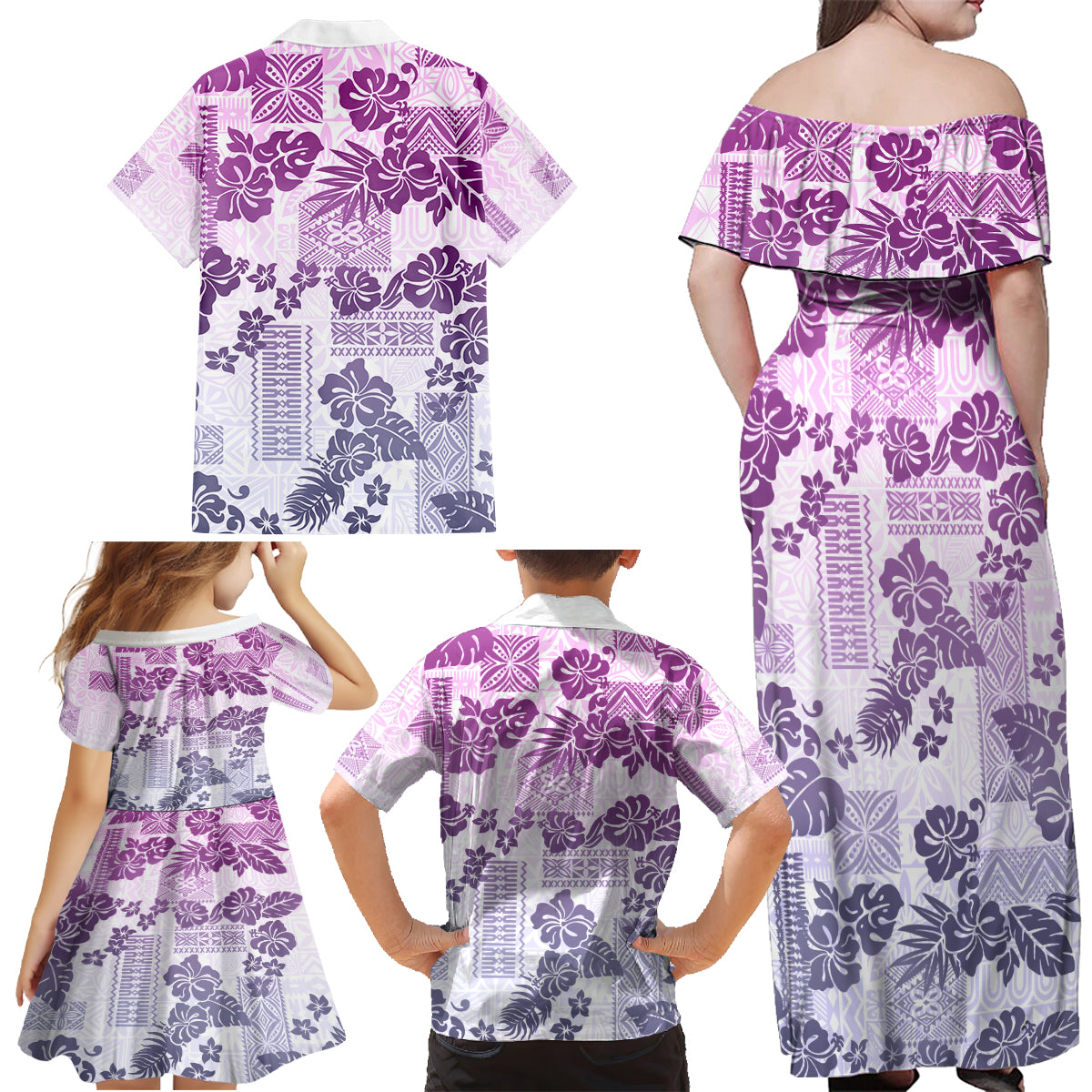 Vintage Hawaii Family Matching Off Shoulder Maxi Dress and Hawaiian Shirt Hibiscus Tapa Tribal With Hawaiian Quilt Pattern Violet LT9 - Wonder Print Shop