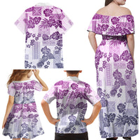 Vintage Hawaii Family Matching Off Shoulder Maxi Dress and Hawaiian Shirt Hibiscus Tapa Tribal With Hawaiian Quilt Pattern Violet LT9 - Wonder Print Shop