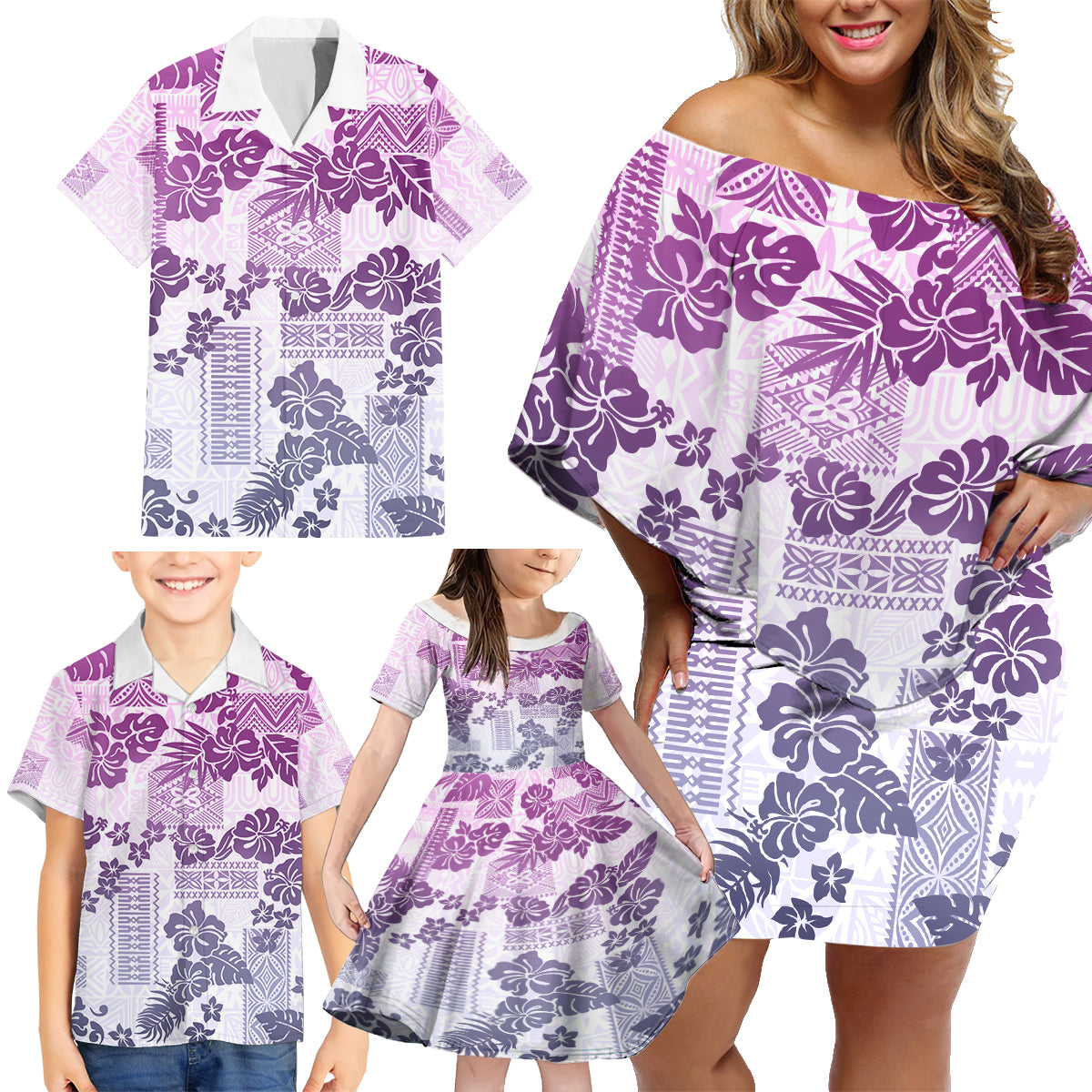 Vintage Hawaii Family Matching Off Shoulder Short Dress and Hawaiian Shirt Hibiscus Tapa Tribal With Hawaiian Quilt Pattern Violet LT9 - Wonder Print Shop