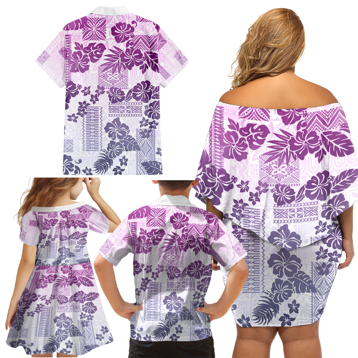 Vintage Hawaii Family Matching Off Shoulder Short Dress and Hawaiian Shirt Hibiscus Tapa Tribal With Hawaiian Quilt Pattern Violet LT9 - Wonder Print Shop