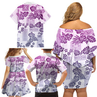 Vintage Hawaii Family Matching Off Shoulder Short Dress and Hawaiian Shirt Hibiscus Tapa Tribal With Hawaiian Quilt Pattern Violet LT9 - Wonder Print Shop