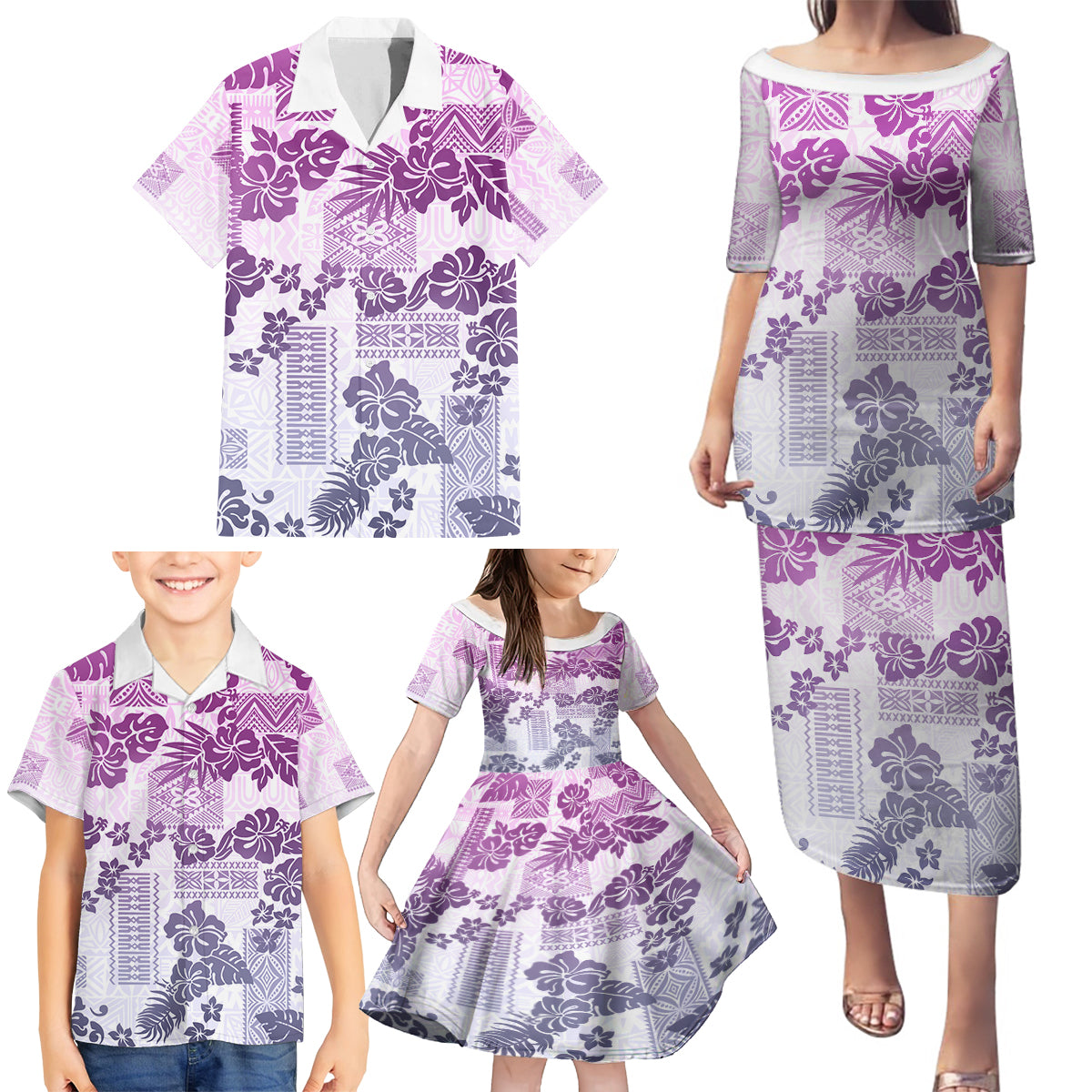 Vintage Hawaii Family Matching Puletasi Dress and Hawaiian Shirt Hibiscus Tapa Tribal With Hawaiian Quilt Pattern Violet - Wonder Print Shop