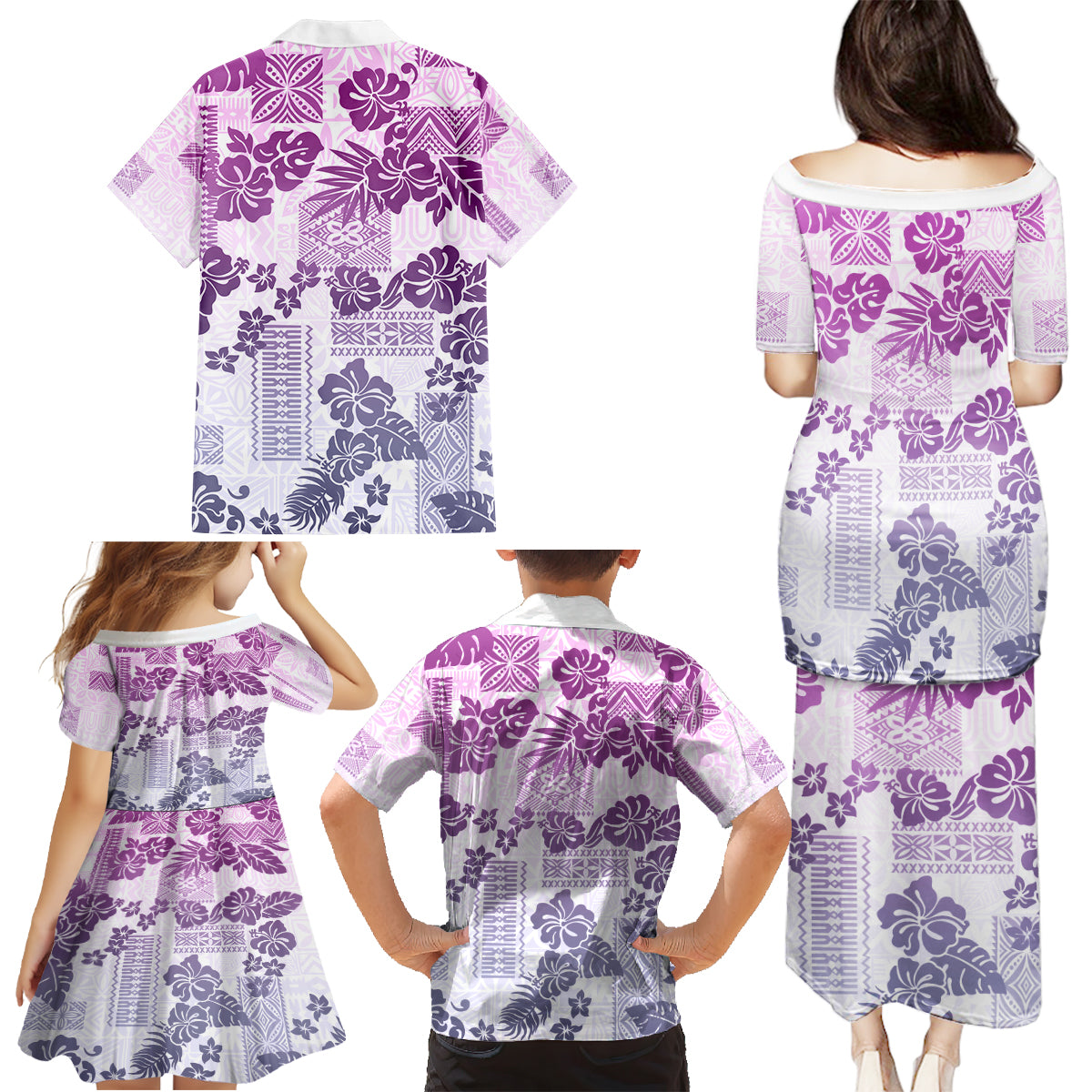 Vintage Hawaii Family Matching Puletasi Dress and Hawaiian Shirt Hibiscus Tapa Tribal With Hawaiian Quilt Pattern Violet - Wonder Print Shop