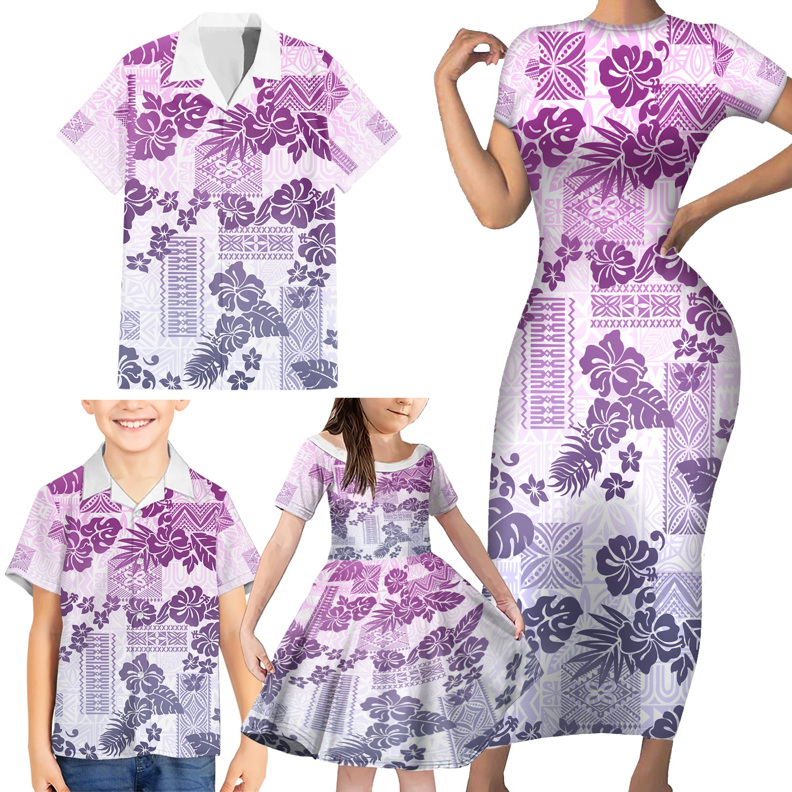 Vintage Hawaii Family Matching Short Sleeve Bodycon Dress and Hawaiian Shirt Hibiscus Tapa Tribal With Hawaiian Quilt Pattern Violet - Wonder Print Shop