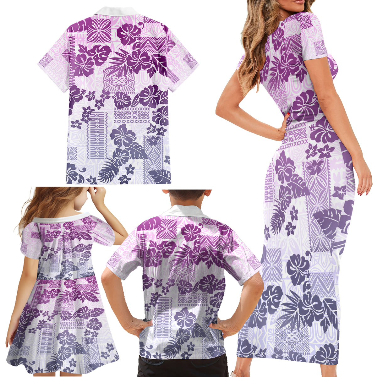 Vintage Hawaii Family Matching Short Sleeve Bodycon Dress and Hawaiian Shirt Hibiscus Tapa Tribal With Hawaiian Quilt Pattern Violet - Wonder Print Shop