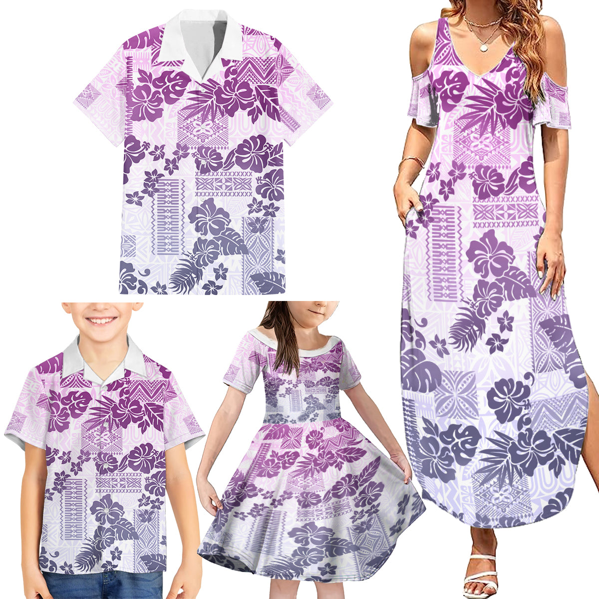 Vintage Hawaii Family Matching Summer Maxi Dress and Hawaiian Shirt Hibiscus Tapa Tribal With Hawaiian Quilt Pattern Violet - Wonder Print Shop