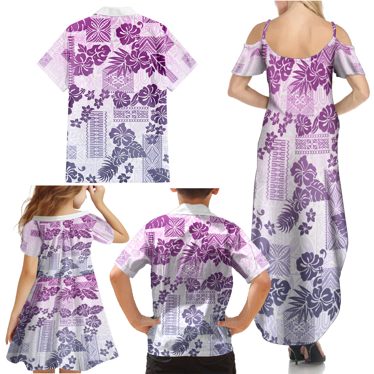 Vintage Hawaii Family Matching Summer Maxi Dress and Hawaiian Shirt Hibiscus Tapa Tribal With Hawaiian Quilt Pattern Violet - Wonder Print Shop