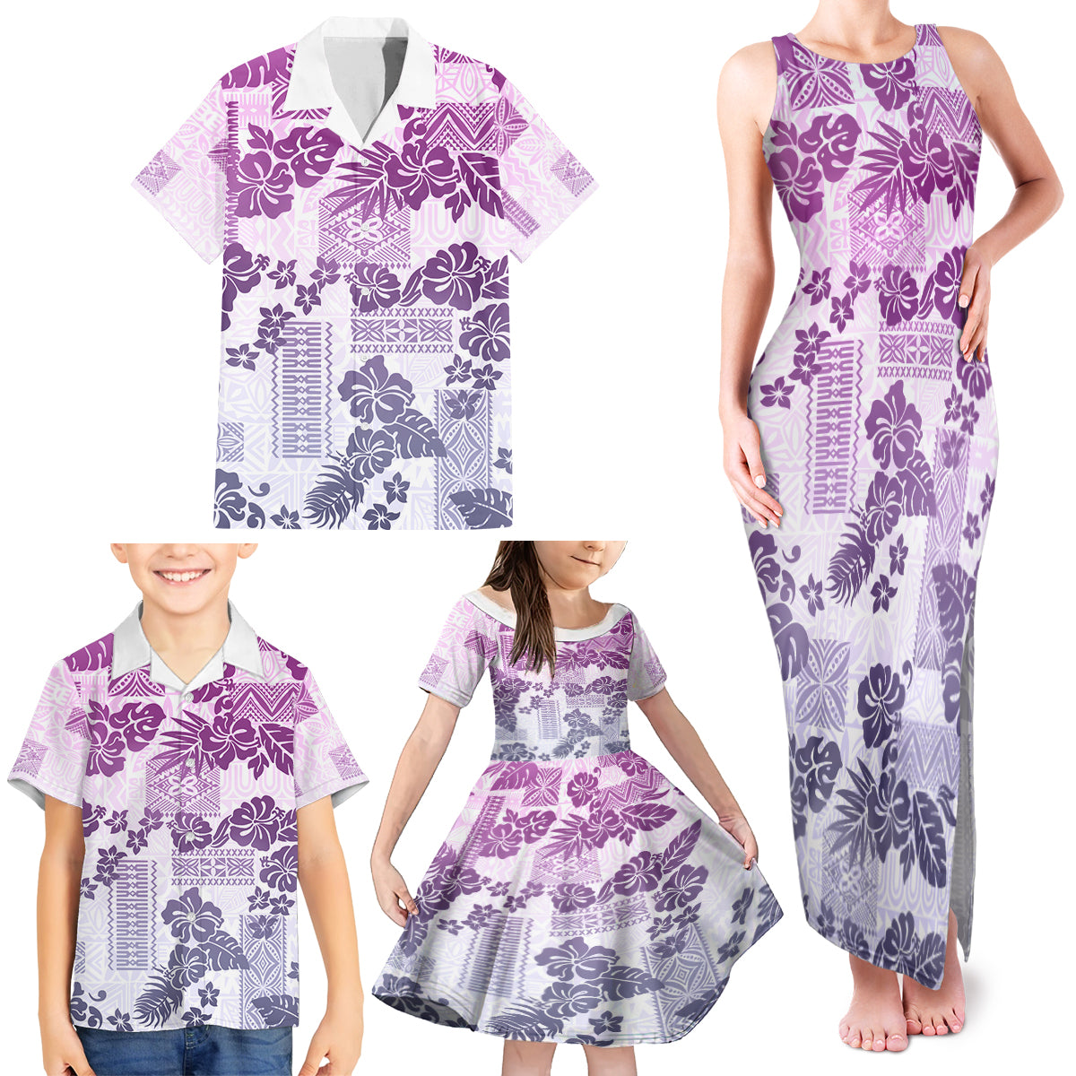 Vintage Hawaii Family Matching Tank Maxi Dress and Hawaiian Shirt Hibiscus Tapa Tribal With Hawaiian Quilt Pattern Violet - Wonder Print Shop