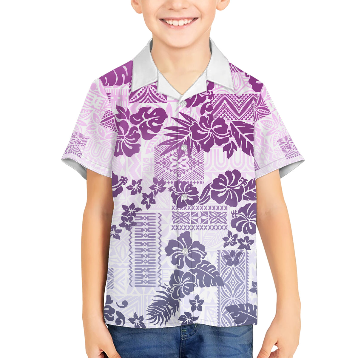 Vintage Hawaii Kid Hawaiian Shirt Hibiscus Tapa Tribal With Hawaiian Quilt Pattern Violet - Wonder Print Shop