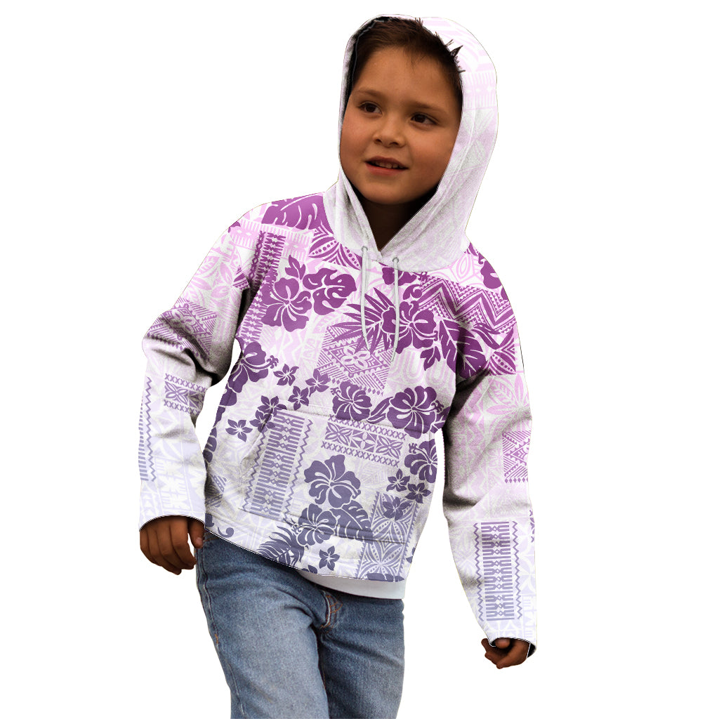 Vintage Hawaii Kid Hoodie Hibiscus Tapa Tribal With Hawaiian Quilt Pattern Violet - Wonder Print Shop