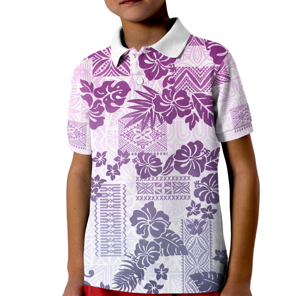 Vintage Hawaii Kid Polo Shirt Hibiscus Tapa Tribal With Hawaiian Quilt Pattern Violet - Wonder Print Shop